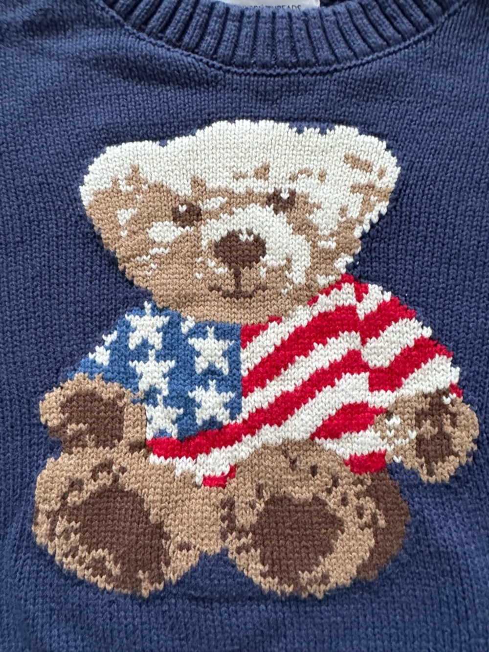 Grayson Threads Navy Blue Crewneck Cropped Sweater Teddy Bear USA Flag Size M - Picture 3 of 13